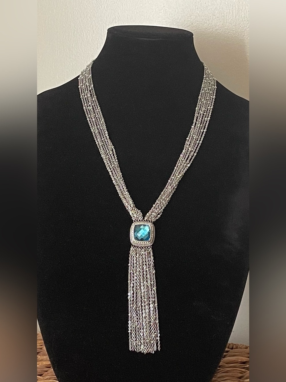 Stainless steel Multi-Strand Necklace with Blue Crystal Tassel